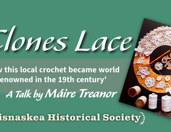 Poster feauturing details about a talk on Clones Lace