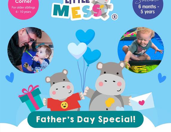 Little Mess Fermanagh advwrt for their Father's Day Messy Play event with images of children playing with messy materials.