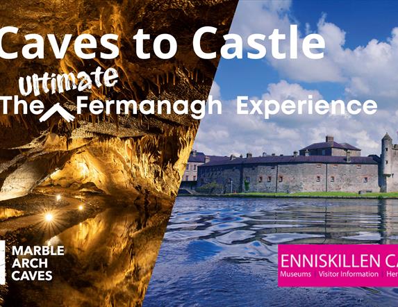 Merged image showing cavern inside cave and castle from the water