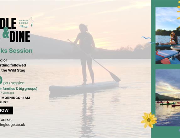 Group kayaking on Lough Erne at sunset, enjoying a scenic outdoor adventure.