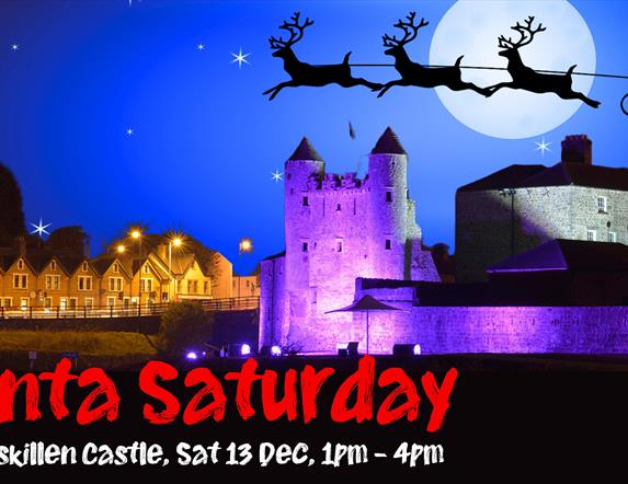 Santa's sleigh flying over Enniskillen Castle