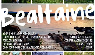 The image is a poster detailing the date, time, activities and prices of the retreat. There are 7 pictures which showcase the landscape and various yo