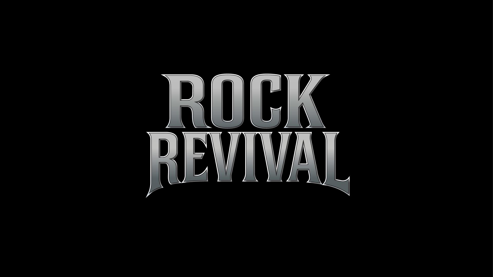 The logo of ROCK REVIVAL: Rocks biggest anthems, live and loud! Black background.