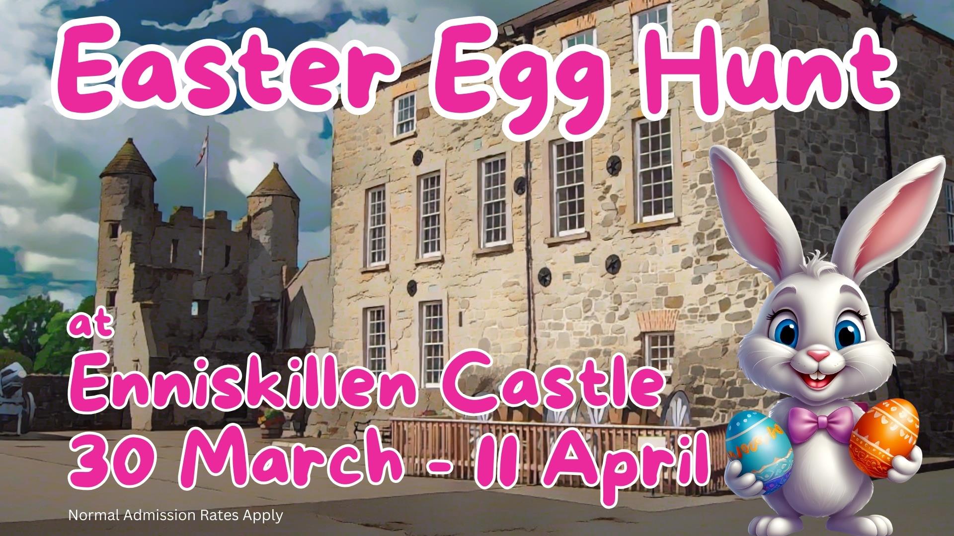 Bunny holding Easter eggs in front of a cartoon of Enniskillen Castle