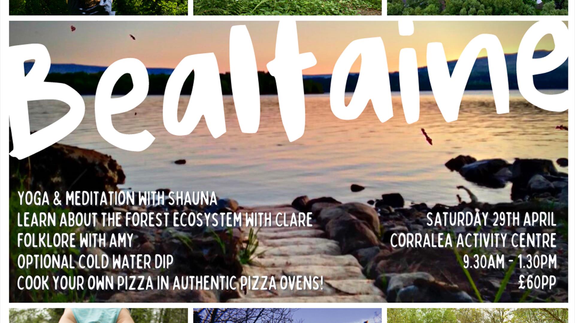The image is a poster detailing the date, time, activities and prices of the retreat. There are 7 pictures which showcase the landscape and various yo