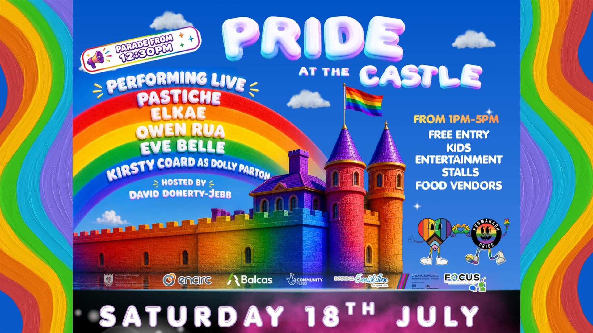 Colourful image of rainbows and castle with text