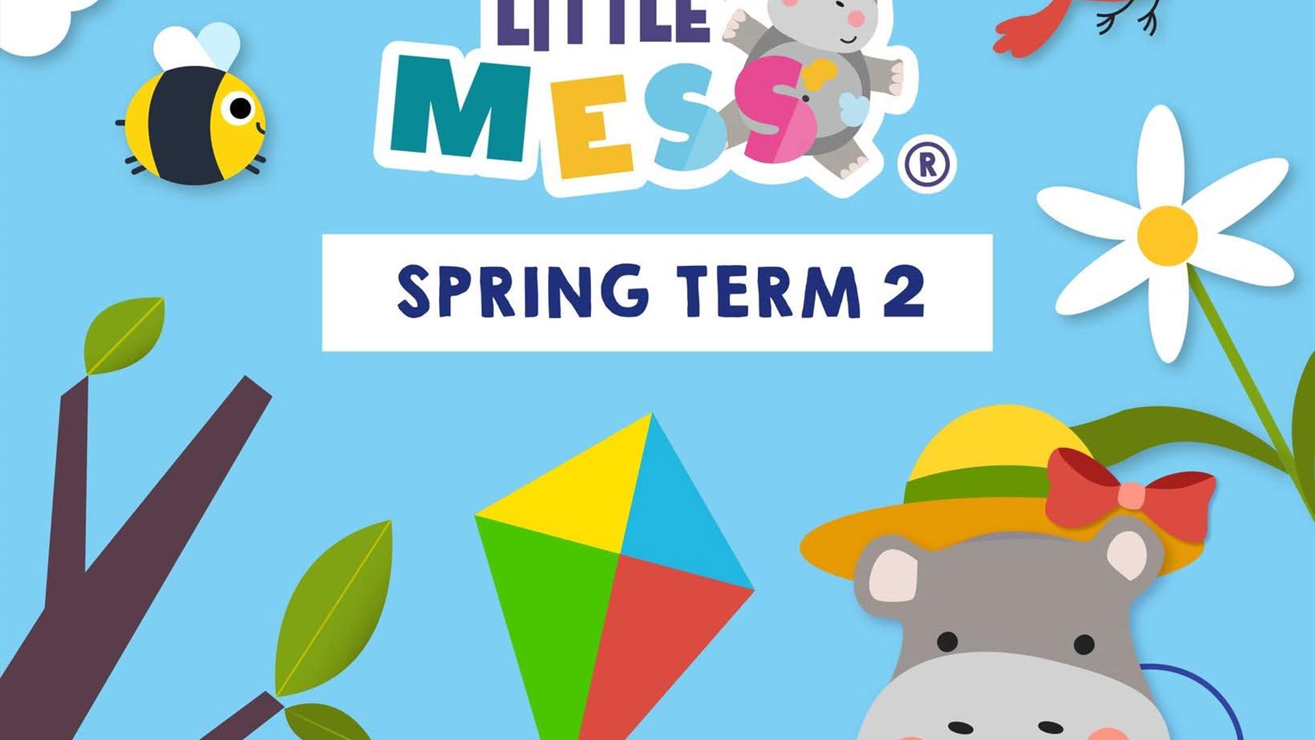 Henrietta Hippo playing with a kite in the Spring Sunshine surrounded by Spring flowers and creatures.