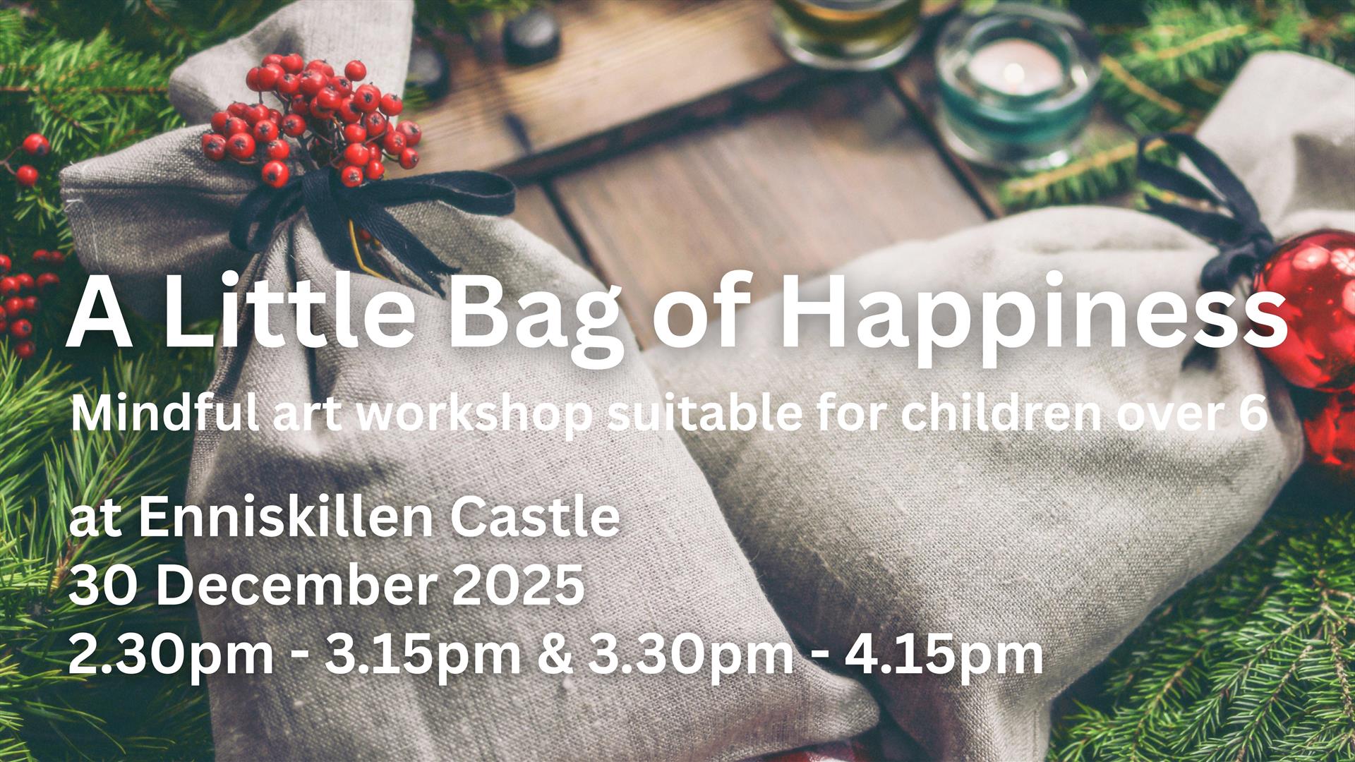 Text overlaying festive looking hessian bags tied in red baubles against a green leafy background