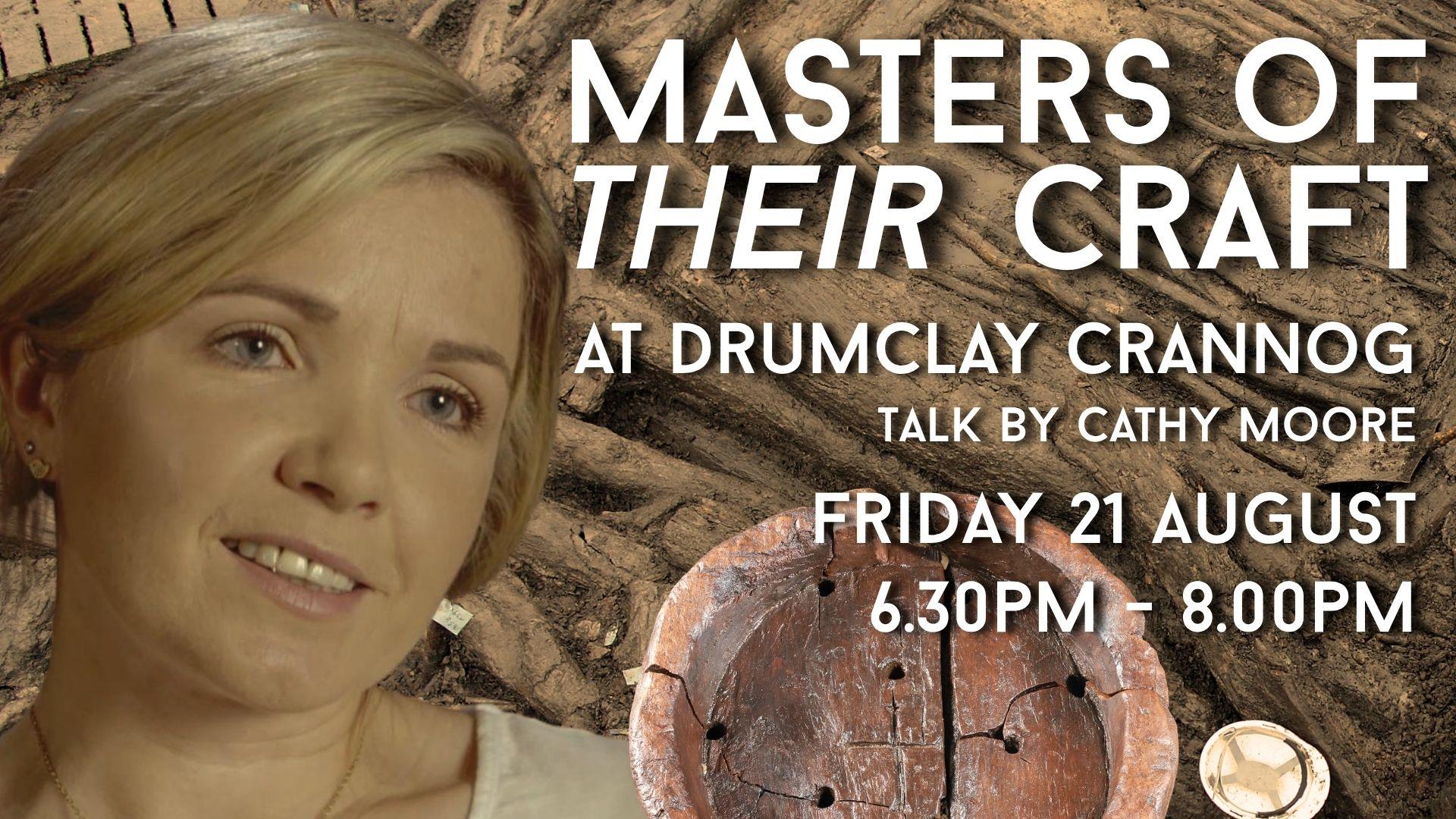 Cathy Moore's face with the brown timbers of Drumclay in the background