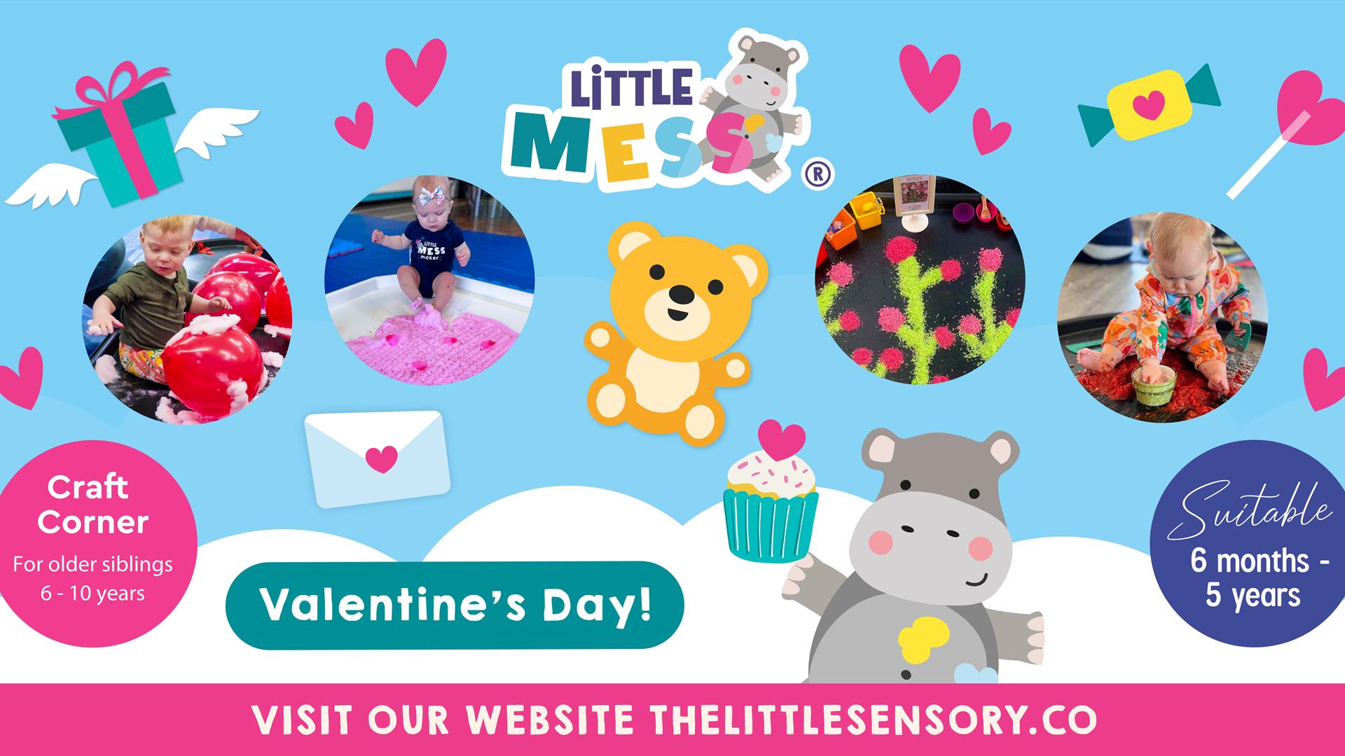 Image shows a cartoon Herty Hippo having fun at a Valentine's Special themed Messy Play event.