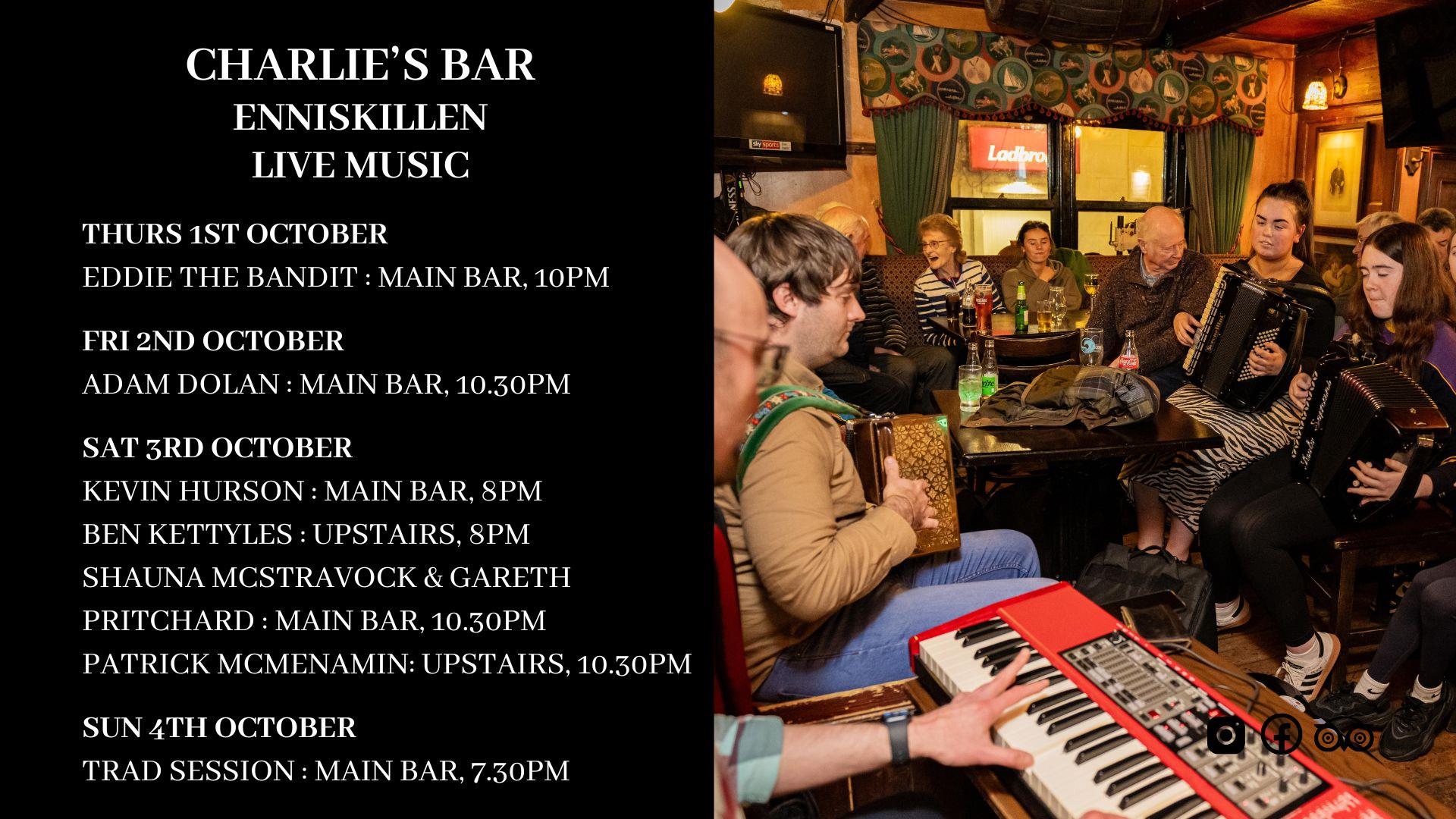 Live music at Charlie's Bar Enniskillen - October