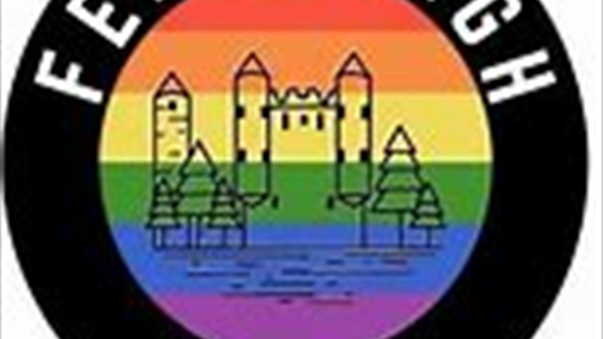 Picture descripting Fermanagh pride with a rainbow background and view of Enniskillne castle outlined
