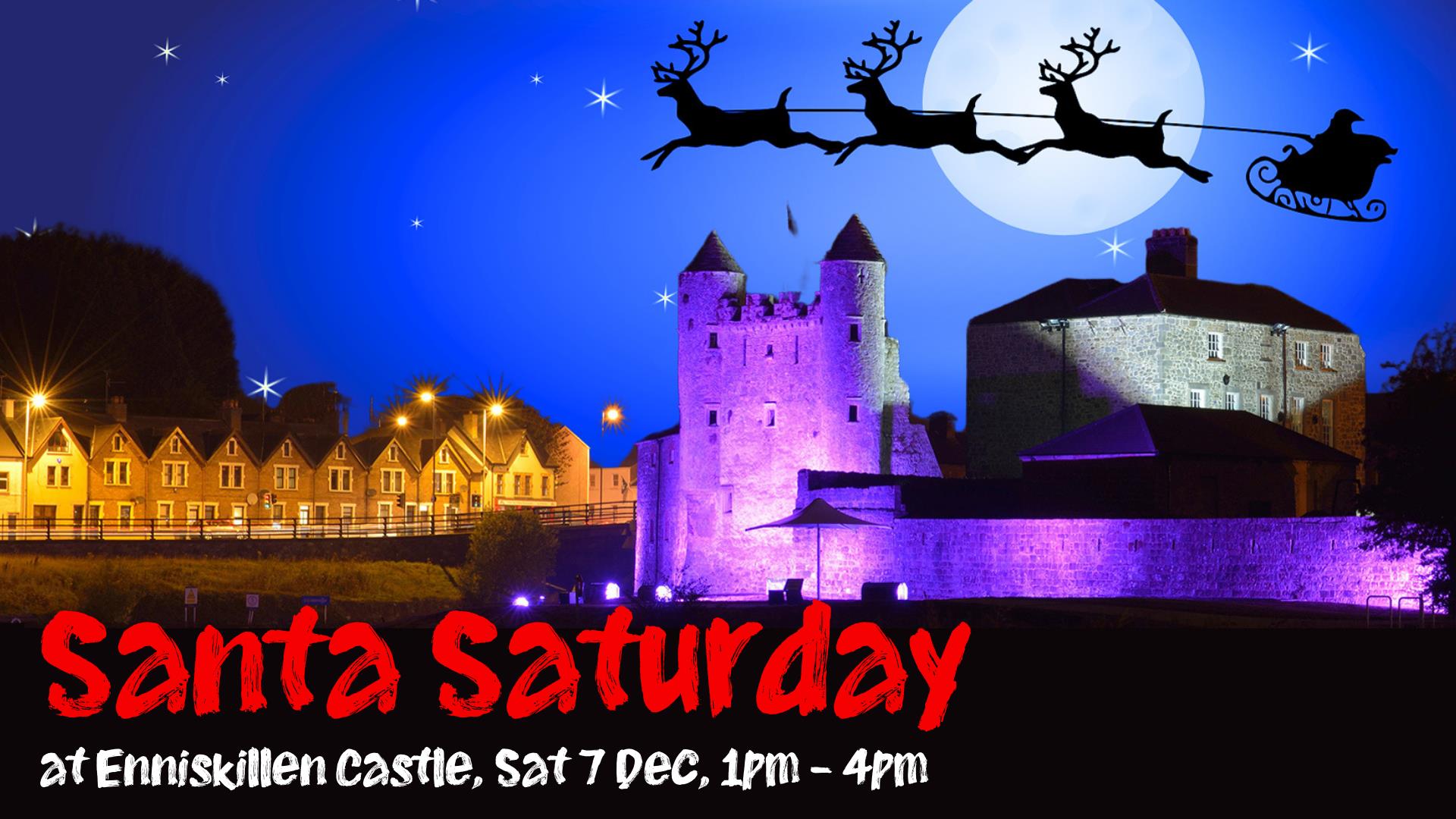 Santa's sleigh flying over Enniskillen Castle