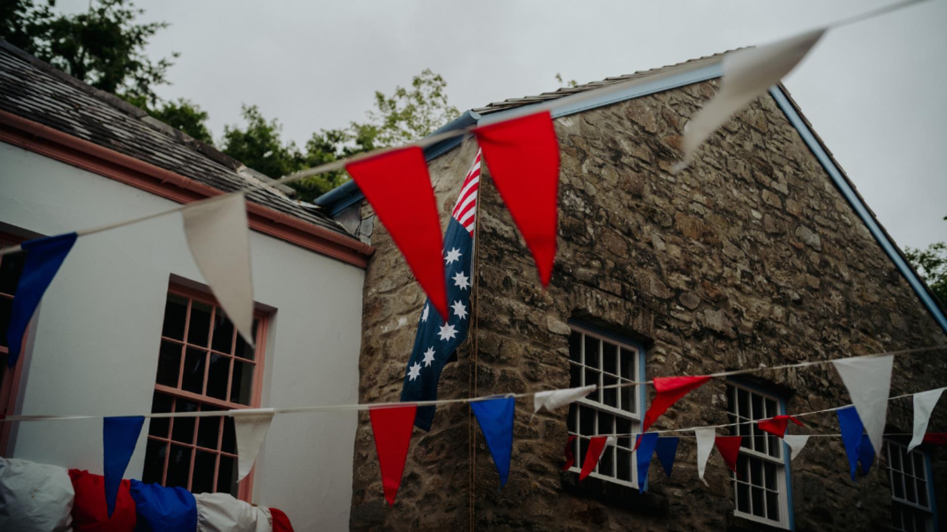 American flags hung up between buildings