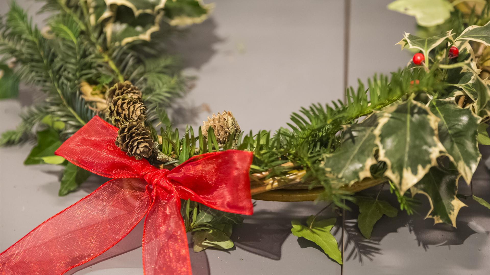 Up close image of a Christmas wreath