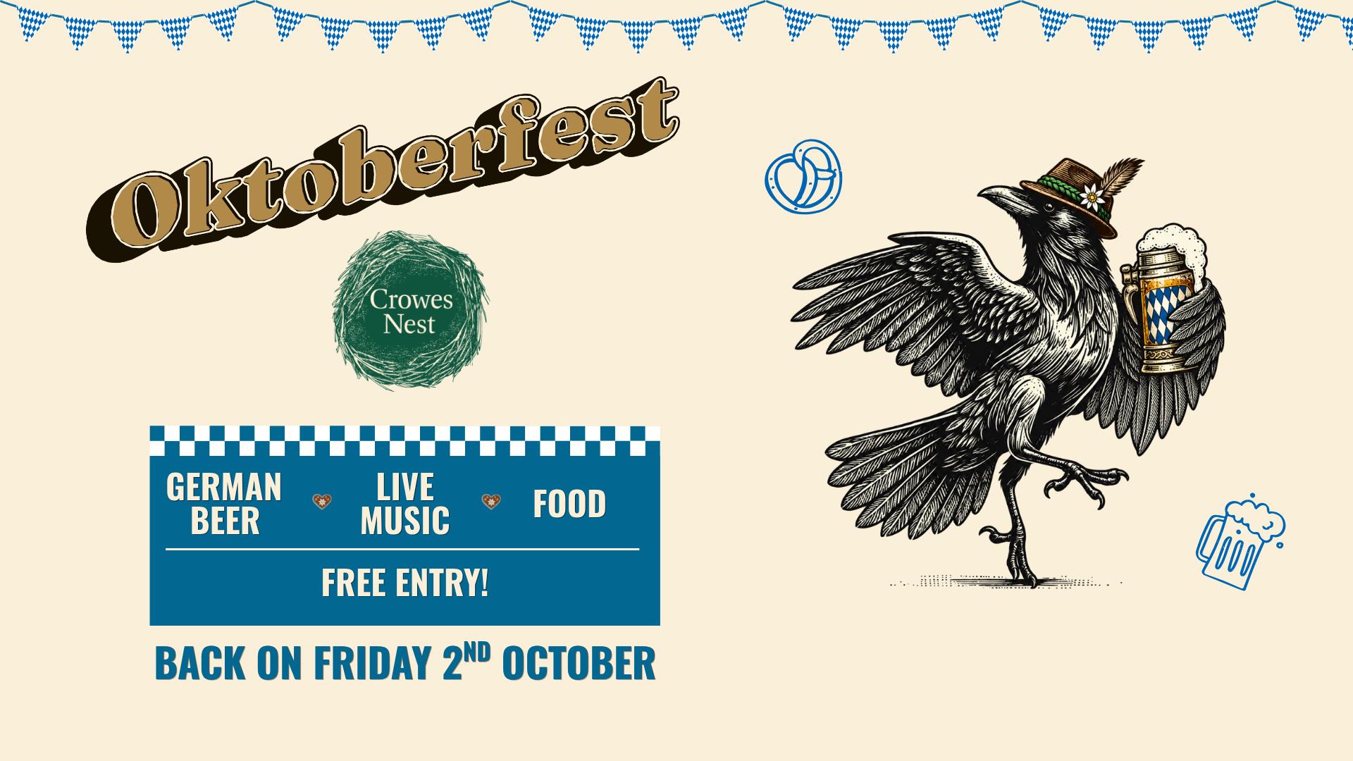 Graphic showing oktoberfest details with crow and bavarian style graphics