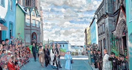 Painting by Hector McDonnell entitled "The Queen's Visit". Reproduced by kind permission of Monsignor Peter O'Reilly.