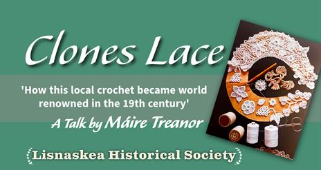 Poster feauturing details about a talk on Clones Lace