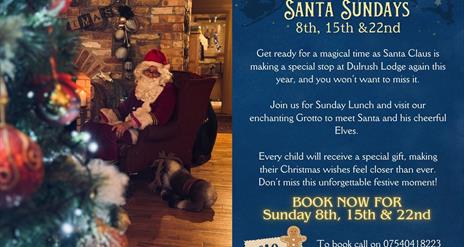 Santa Claus sitting in a chair at a 'Santa Sunday Lunch' event, where children can meet him. A festive sign or text beside him reads 'Santa Sunday Lun