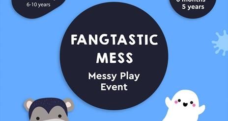 Halloween 'Fangtastic Mess' messy play event poster with cartoon vampire hippo, ghosts, and bats. For ages 6 months–5 years, with craft corner for old