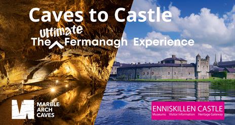 Merged image showing cavern inside cave and castle from the water