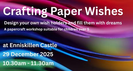 Text advertising the event over a background of paper sheets of different colours