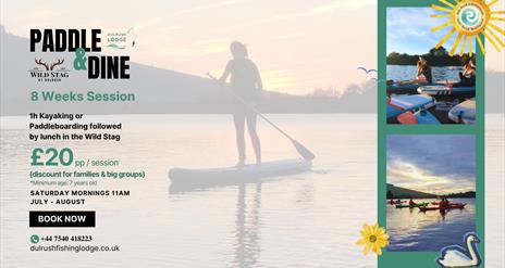 Group kayaking on Lough Erne at sunset, enjoying a scenic outdoor adventure.