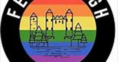 Picture descripting Fermanagh pride with a rainbow background and view of Enniskillne castle outlined