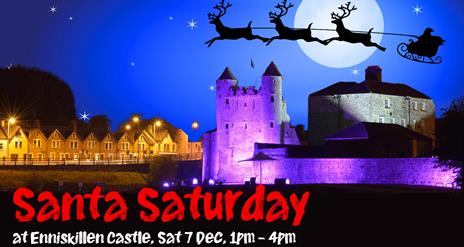 Santa's sleigh flying over Enniskillen Castle