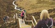 Visitors walking along the Cuilcagh Boardwalk, also known as the Stairway to Heaven, overlooking scenic mountain views in County Fermanagh.