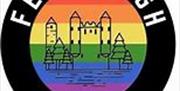 Picture descripting Fermanagh pride with a rainbow background and view of Enniskillne castle outlined