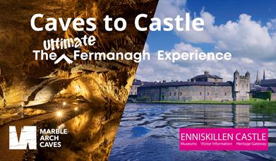 Merged image showing cavern inside cave and castle from the water