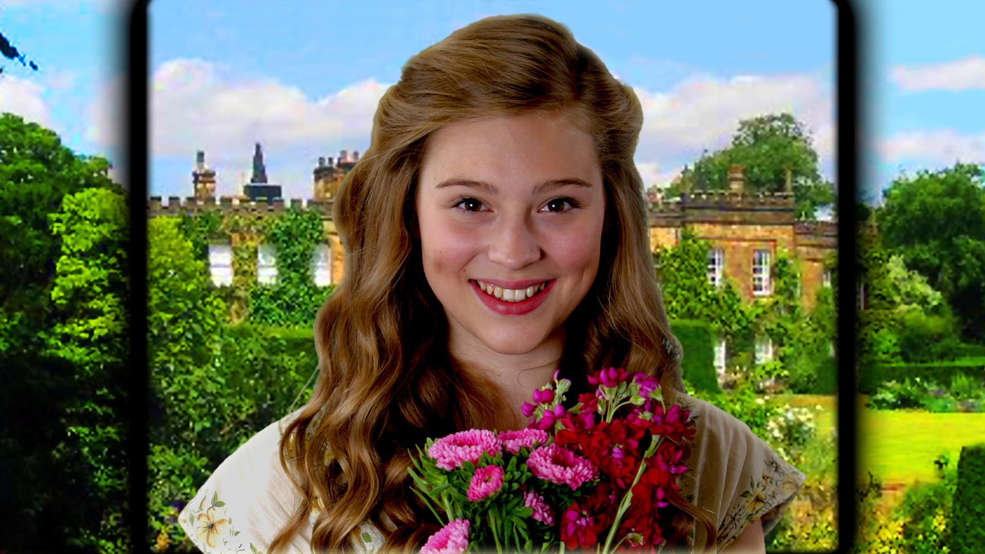 Picture of smiling girl with a house and garden in background