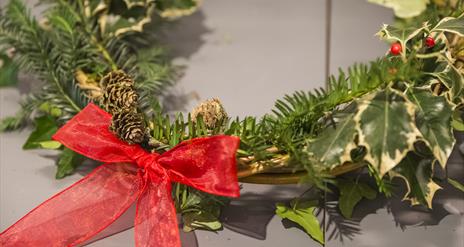 Up close image of a Christmas wreath